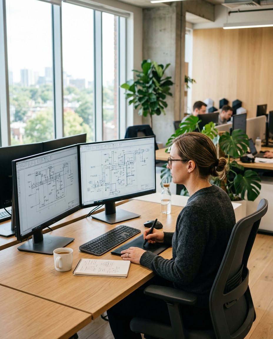 Technischer Systemplaner am modernen CAD-Arbeitsplatz