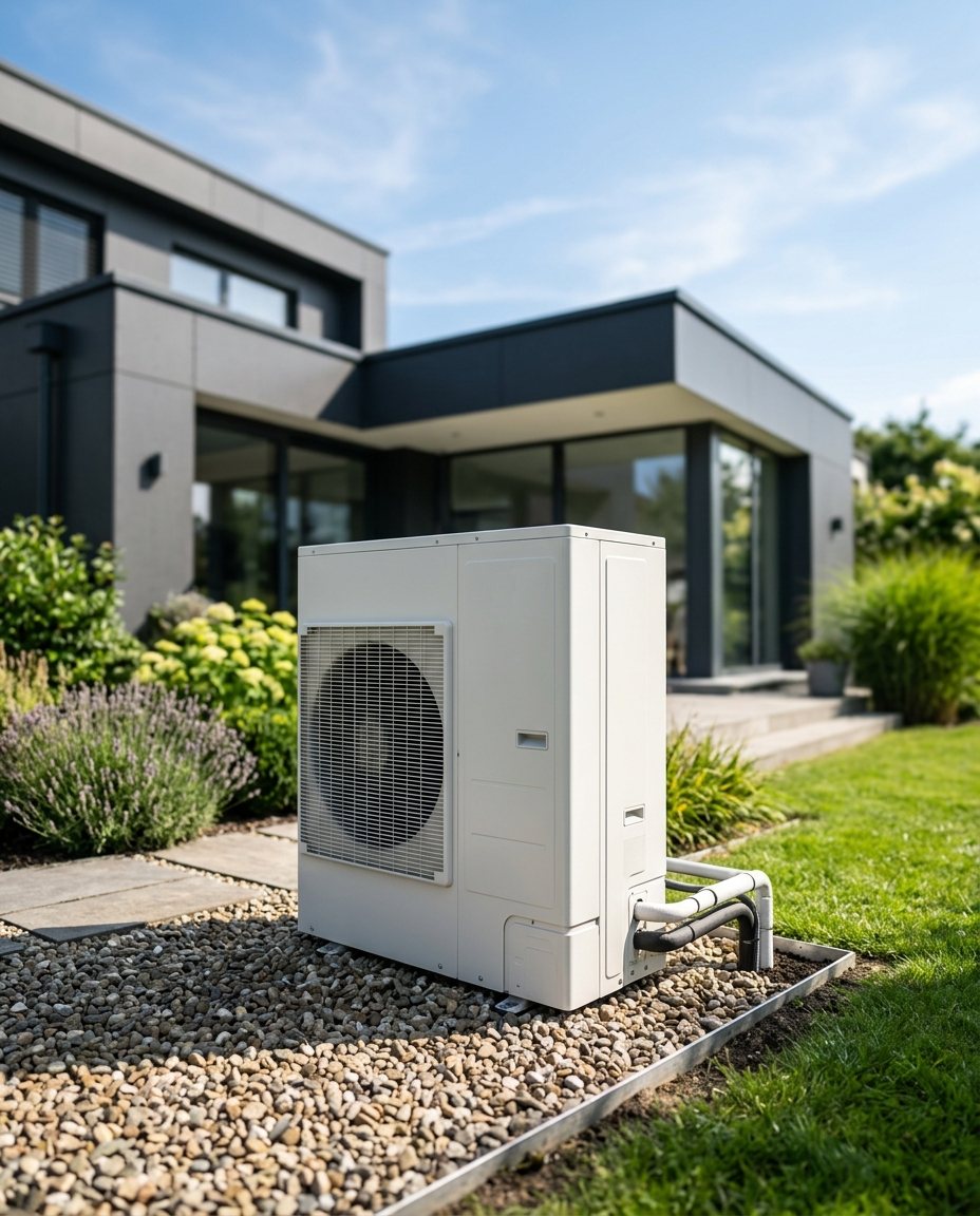 Moderne Wärmepumpe an einem zeitgenössischen Wohnhaus